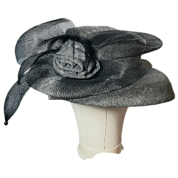 Susanna Designer Herringbone High Brim Hat Scurtural Netting Flower Feathers OS main image 4